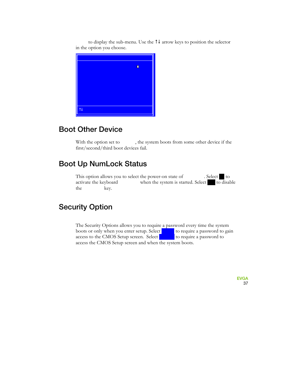 Boot other device, Boot up numlock status, Security option | EVGA 730I User Manual | Page 47 / 85