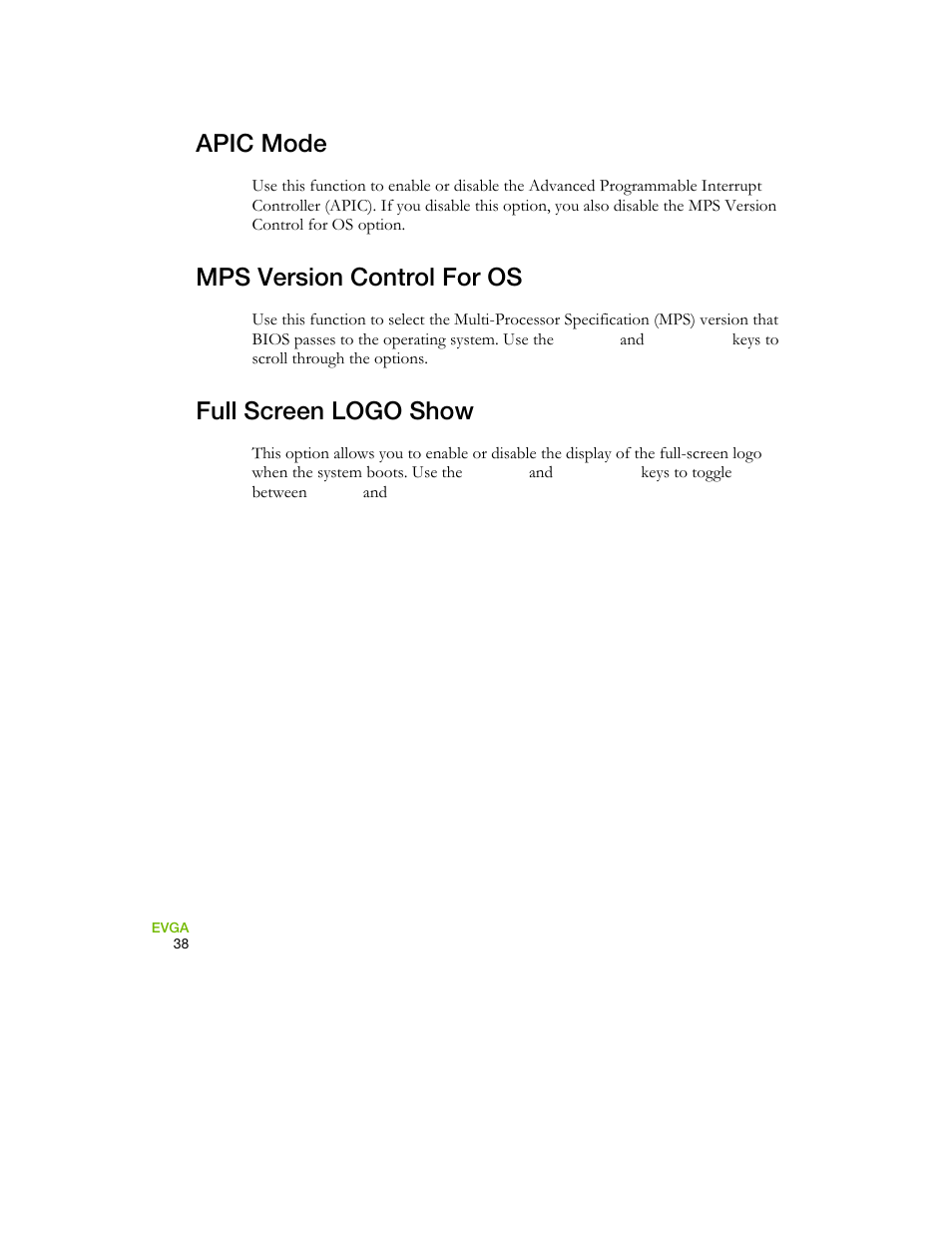 Apic mode, Mps version control for os, Full screen logo show | EVGA 730I User Manual | Page 48 / 85