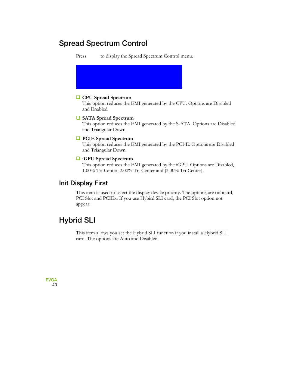 Spread spectrum control, Hybrid sli, Init display first | EVGA 730I User Manual | Page 50 / 85