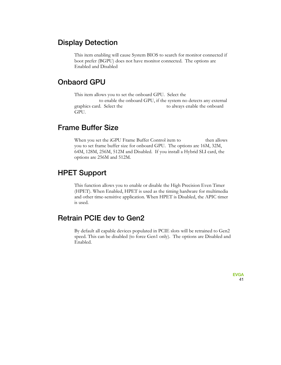 Display detection, Onbaord gpu, Frame buffer size | Hpet support, Retrain pcie dev to gen2 | EVGA 730I User Manual | Page 51 / 85