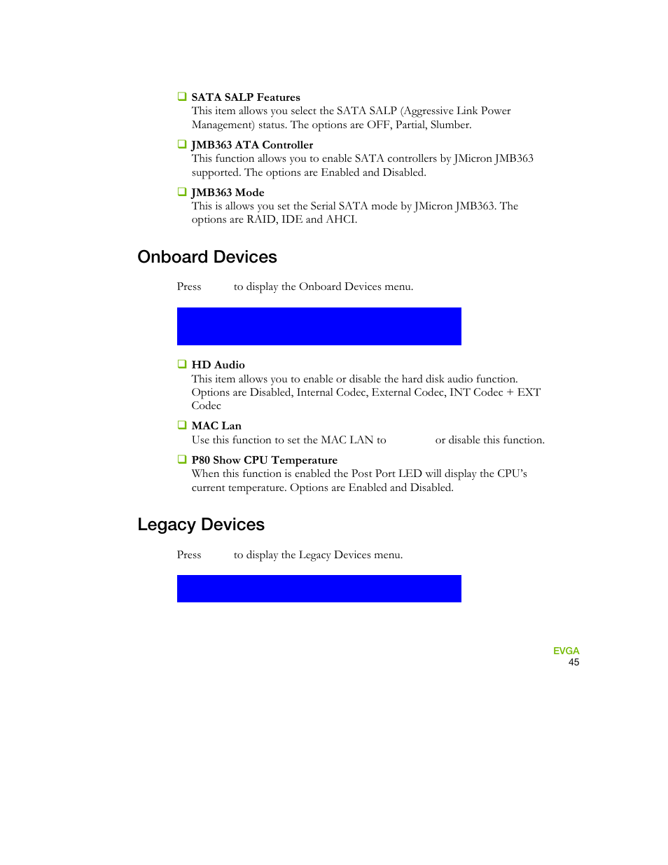 Onboard devices, Legacy devices | EVGA 730I User Manual | Page 55 / 85