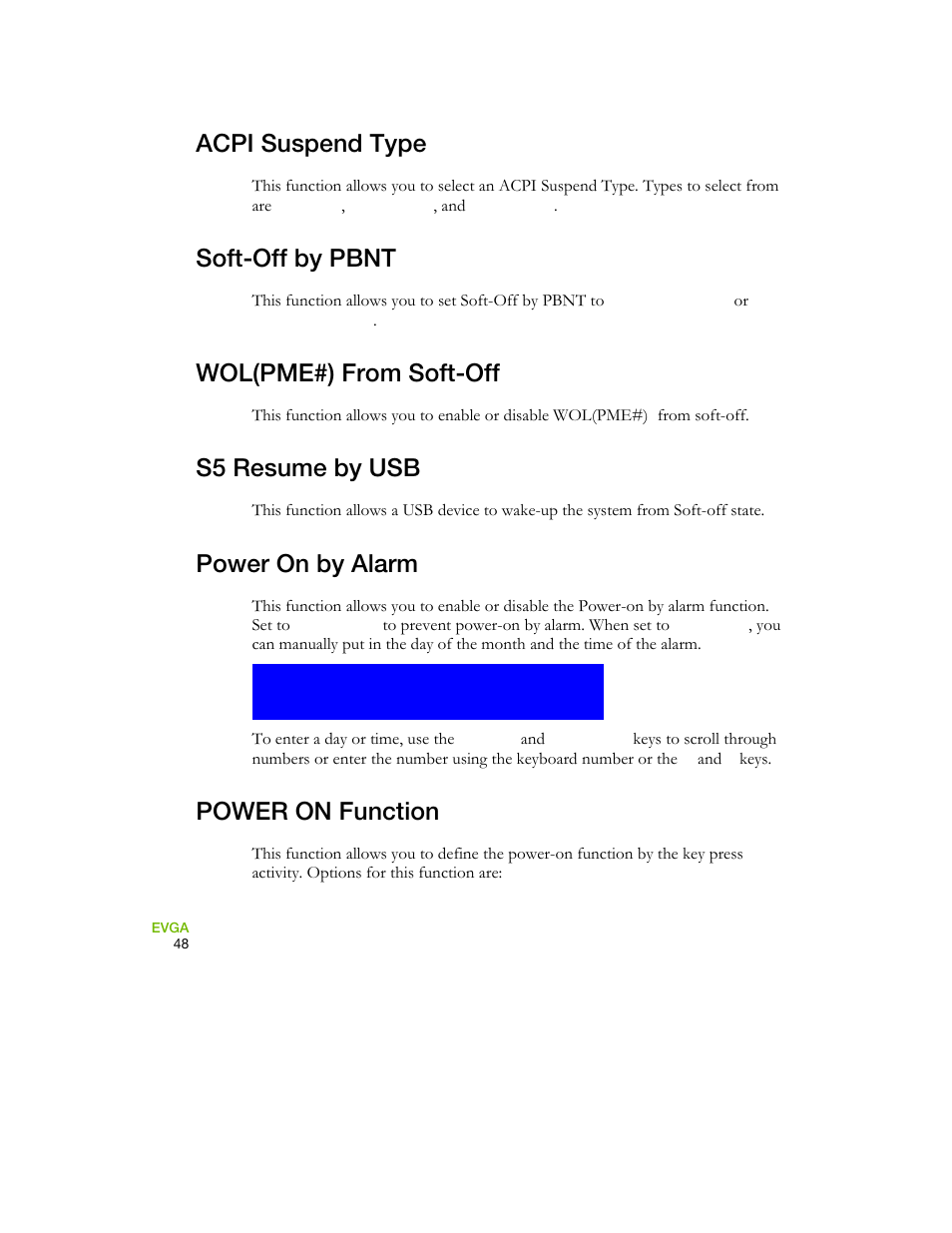 Acpi suspend type, Soft-off by pbnt, Wol(pme#) from soft-off | S5 resume by usb, Power on by alarm, Power on function | EVGA 730I User Manual | Page 58 / 85