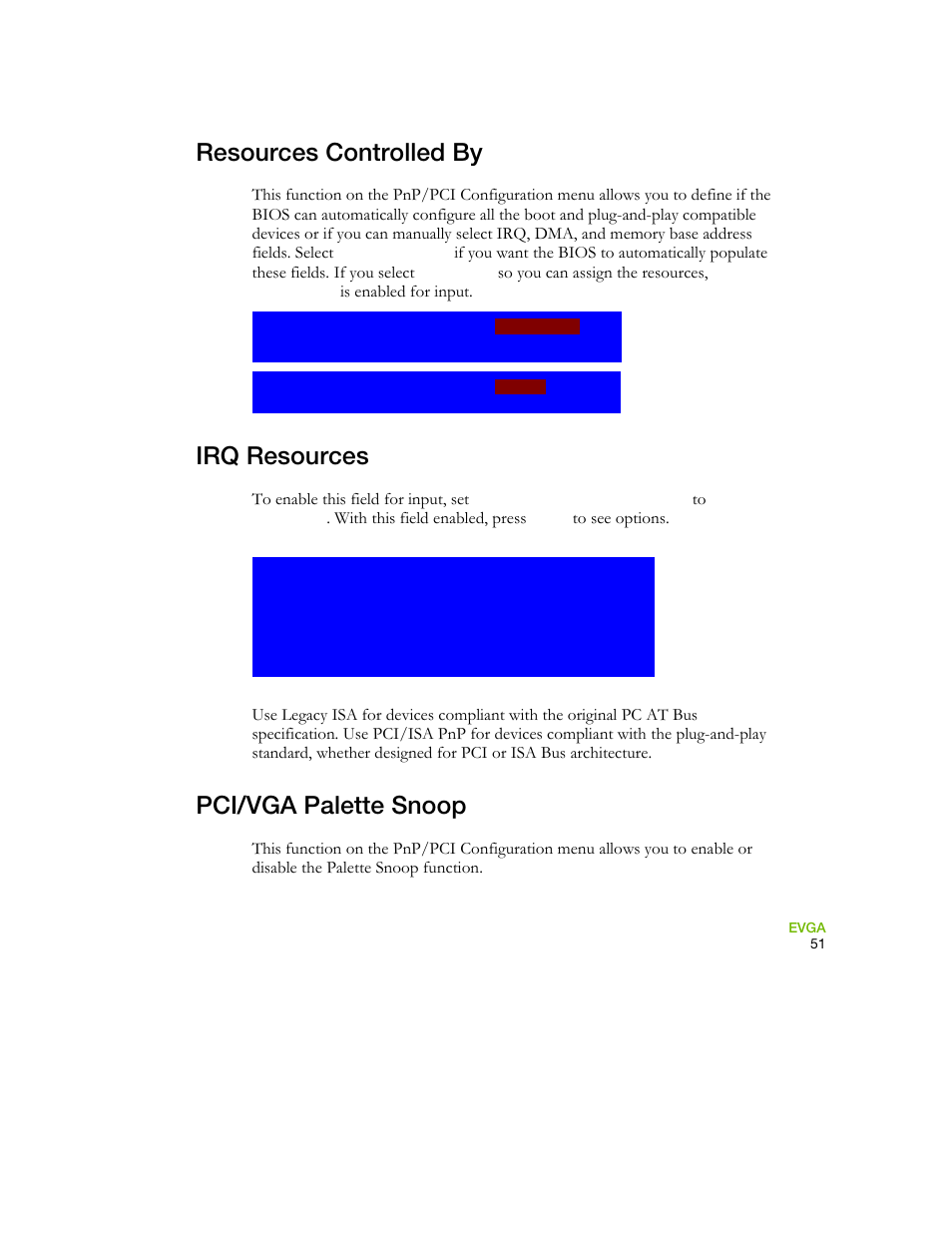 Resources controlled by, Irq resources, Pci/vga palette snoop | EVGA 730I User Manual | Page 61 / 85