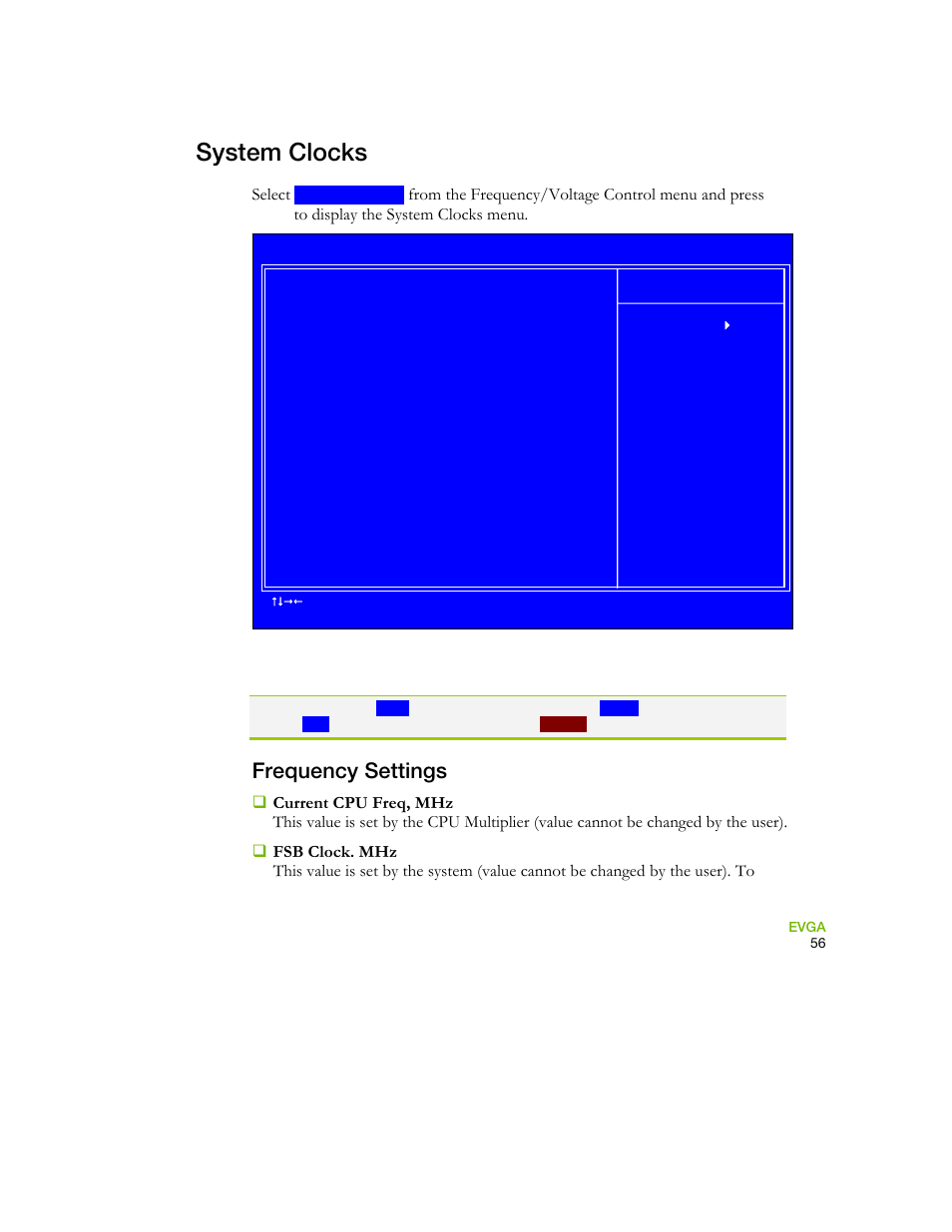 System clocks, Frequency settings, Figure 4. system clocks menu | Select | EVGA 730I User Manual | Page 66 / 85