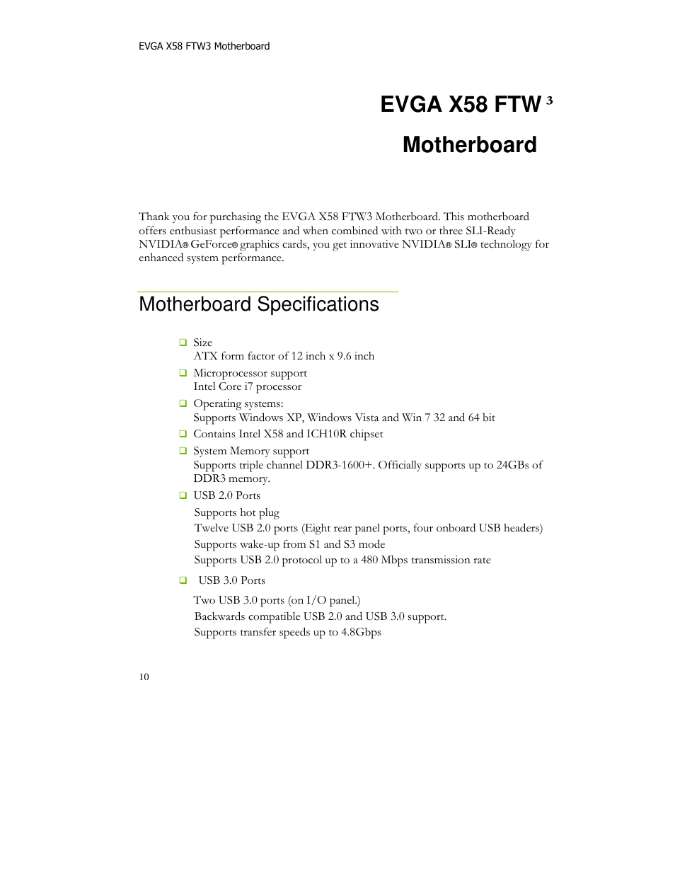 Evga x58 ftw, Motherboard, Motherboard specifications | EVGA X58 FTW User Manual | Page 10 / 77