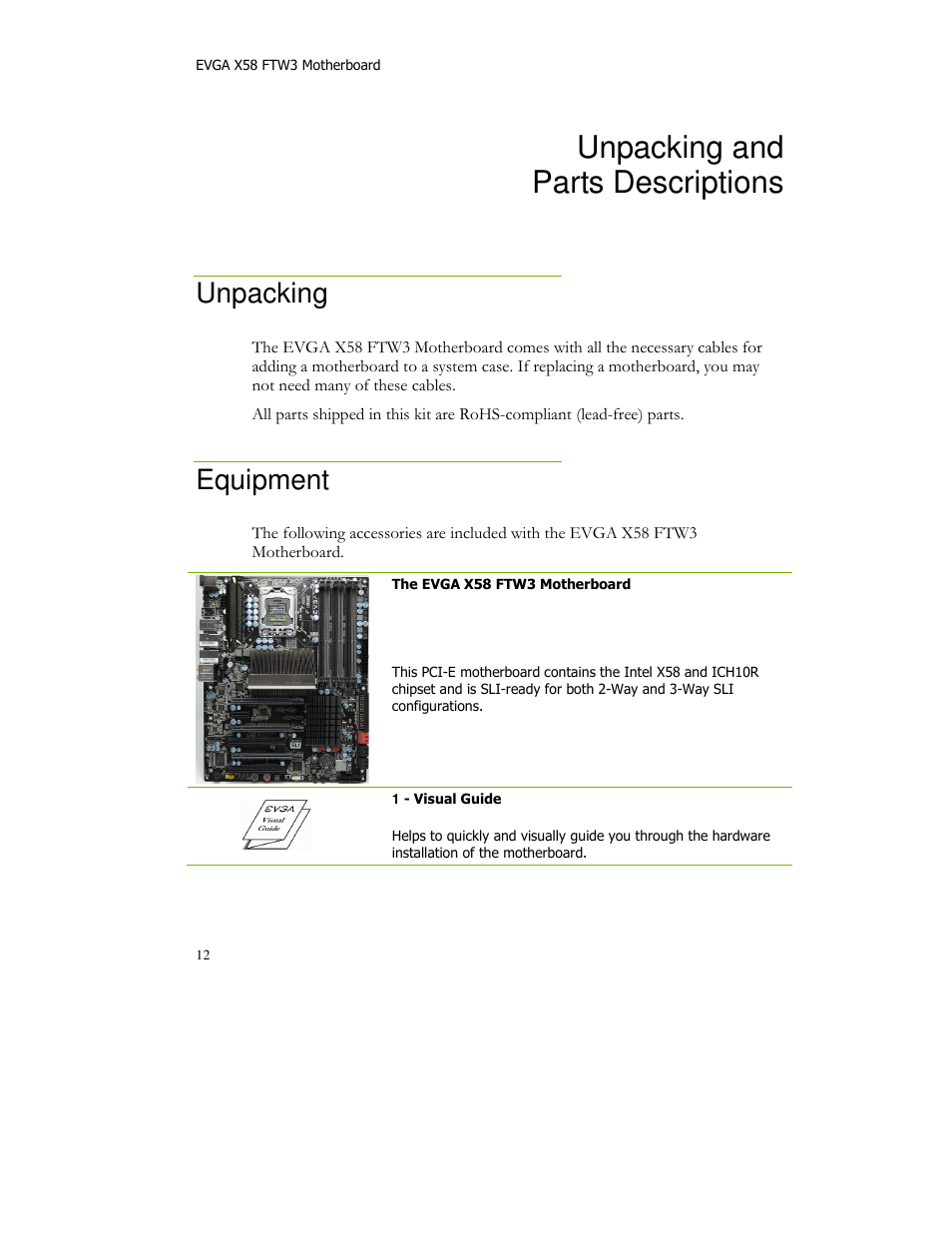 Unpacking and parts descriptions, Unpacking, Equipment | EVGA X58 FTW User Manual | Page 12 / 77