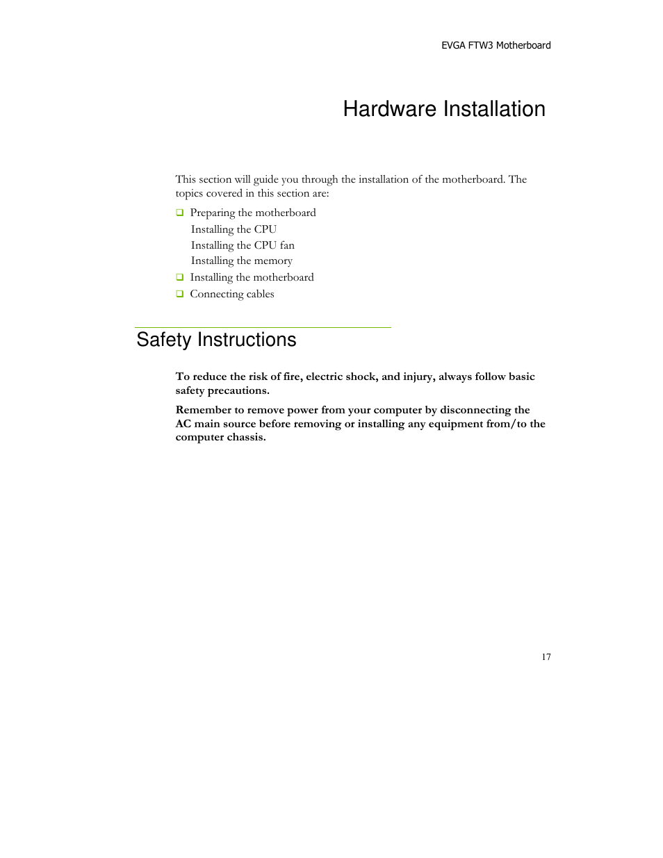 Hardware installation, Safety instructions | EVGA X58 FTW User Manual | Page 17 / 77