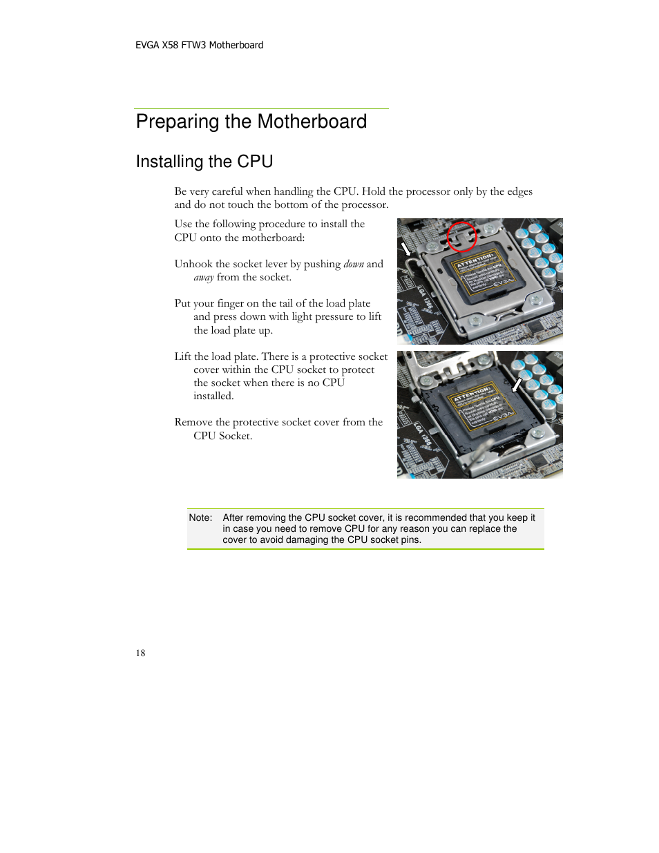 Preparing the motherboard, Installing the cpu | EVGA X58 FTW User Manual | Page 18 / 77