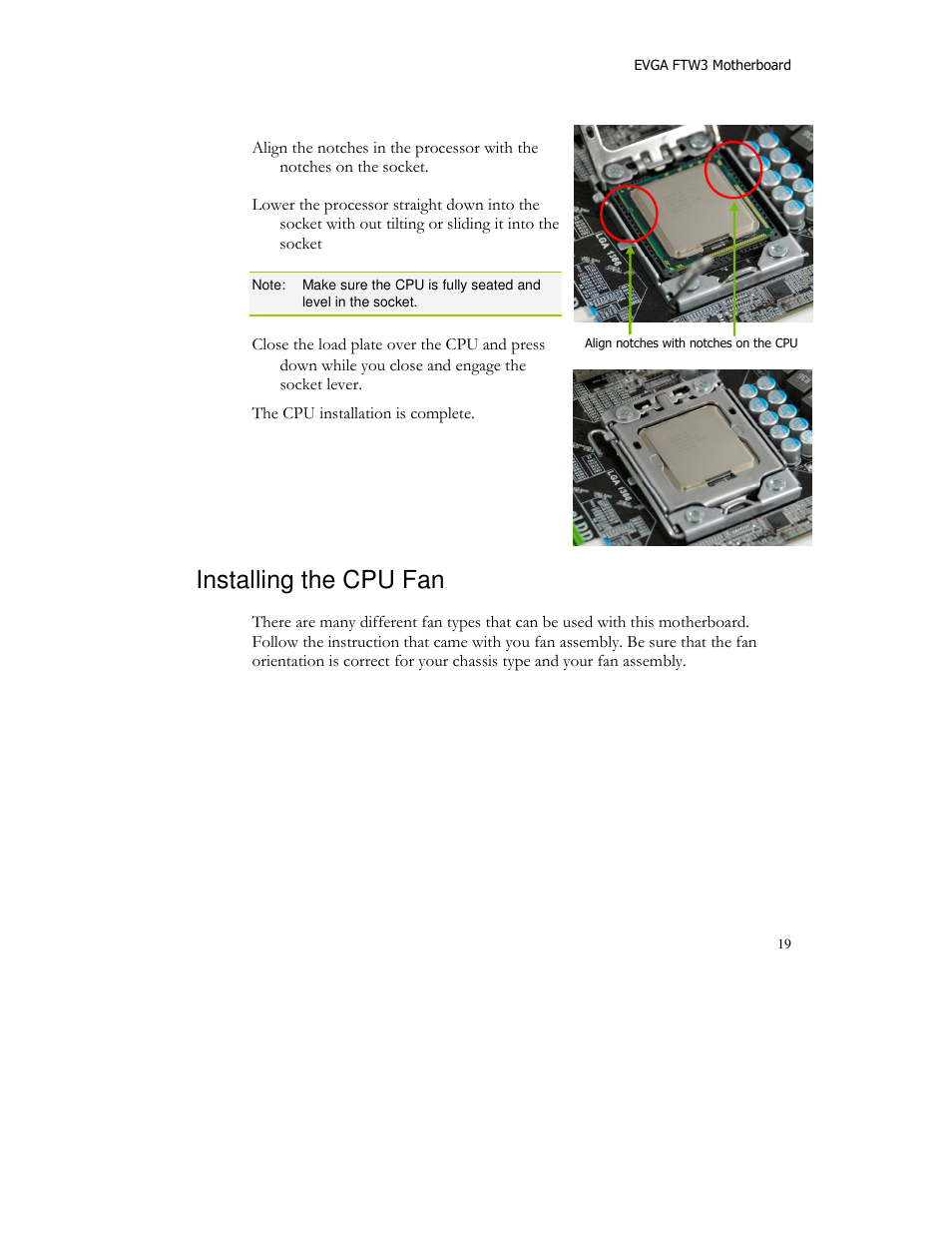 Installing the cpu fan | EVGA X58 FTW User Manual | Page 19 / 77