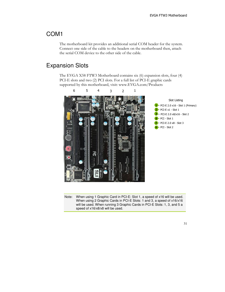 Com1, Expansion slots | EVGA X58 FTW User Manual | Page 31 / 77