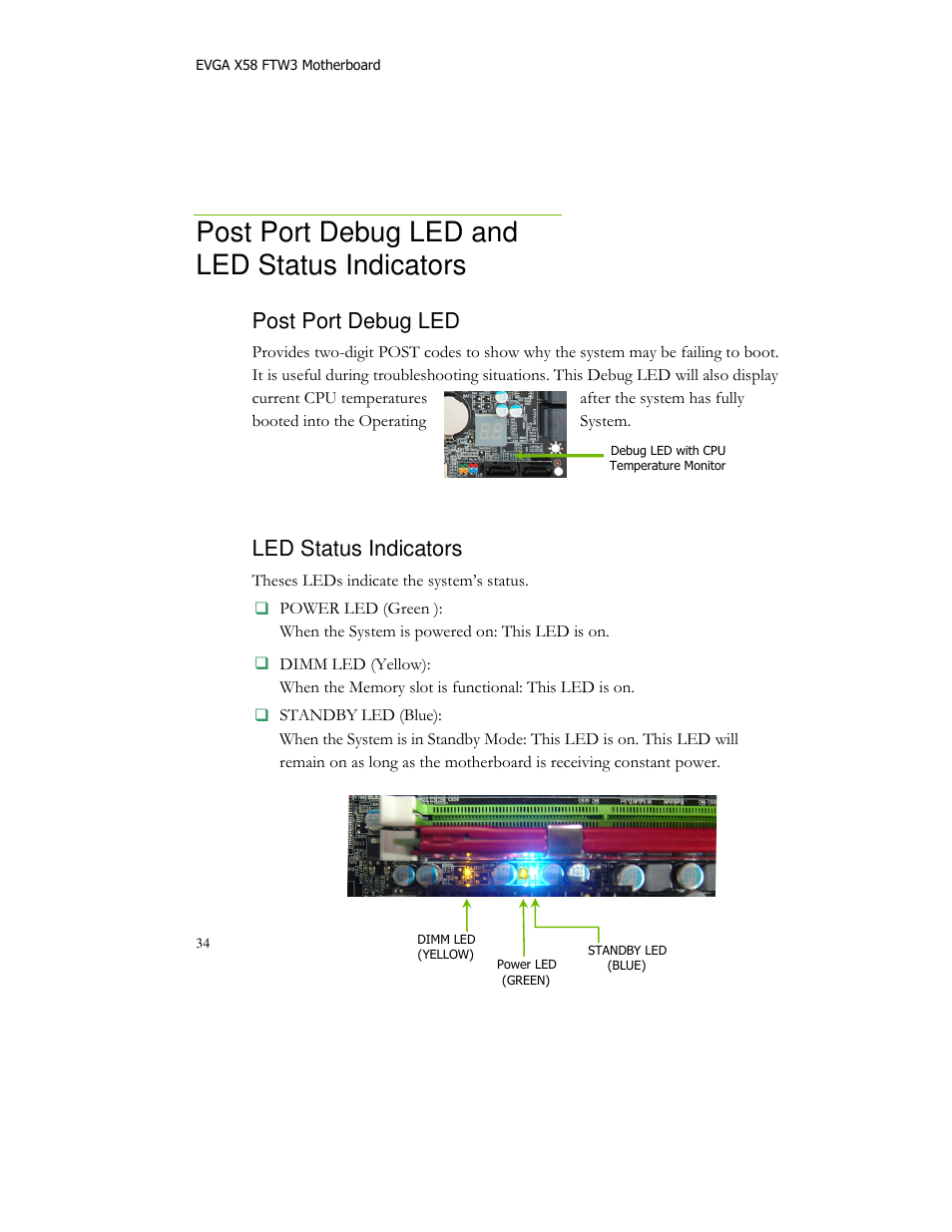 Post port debug led and led status indicators, Post port debug led, Led status indicators | EVGA X58 FTW User Manual | Page 34 / 77