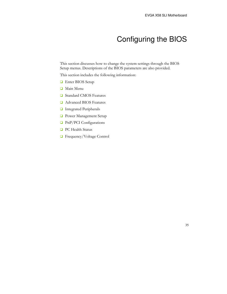 Configuring the bios | EVGA X58 FTW User Manual | Page 35 / 77