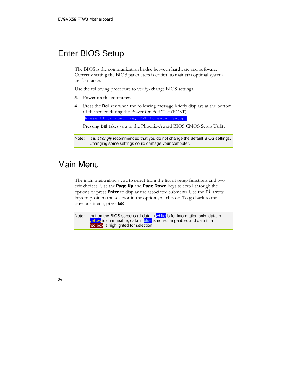 Enter bios setup, Main menu | EVGA X58 FTW User Manual | Page 36 / 77