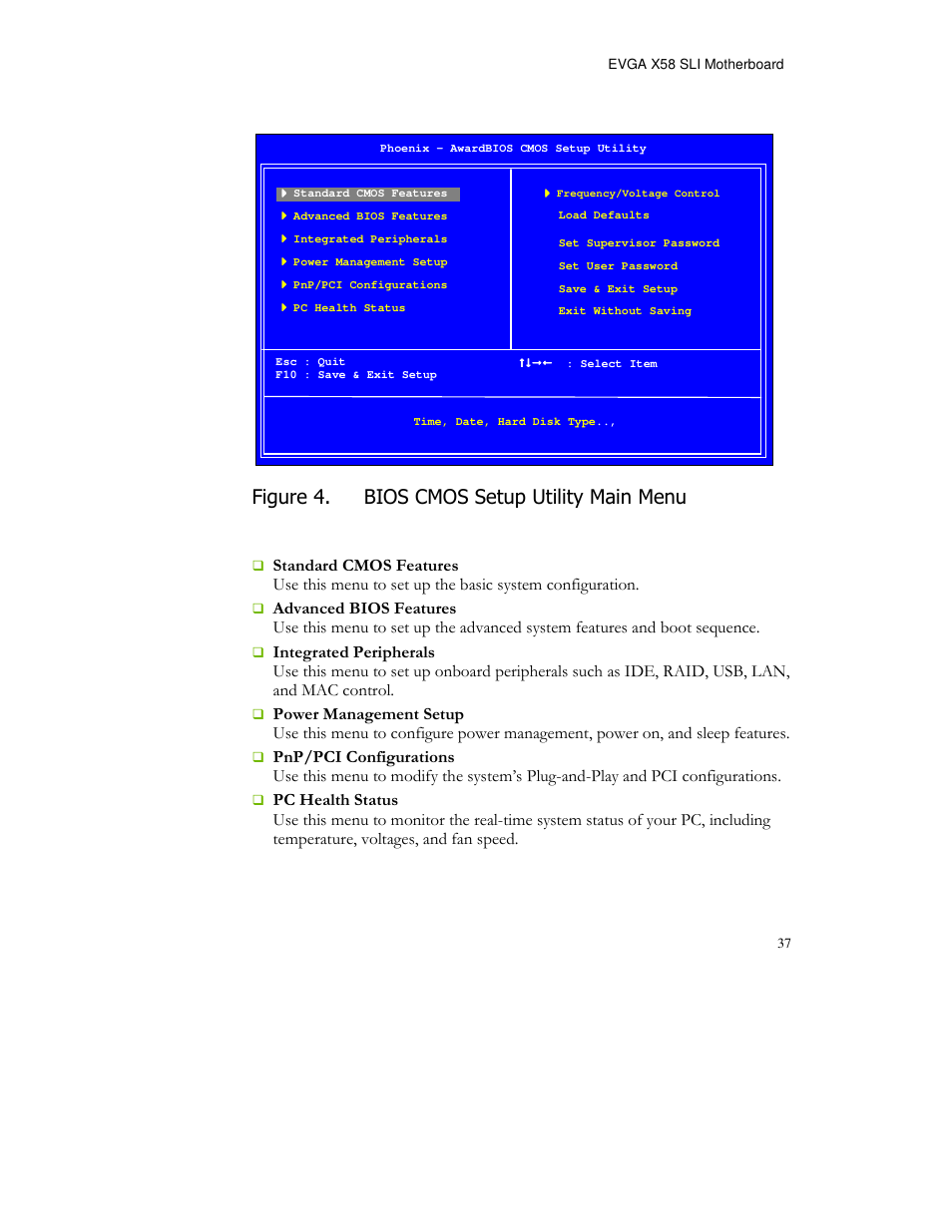 Figure 4. bios cmos setup utility main menu | EVGA X58 FTW User Manual | Page 37 / 77