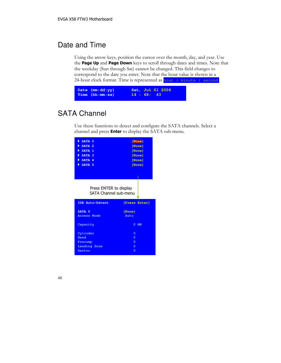 Date and time, Sata channel | EVGA X58 FTW User Manual | Page 40 / 77