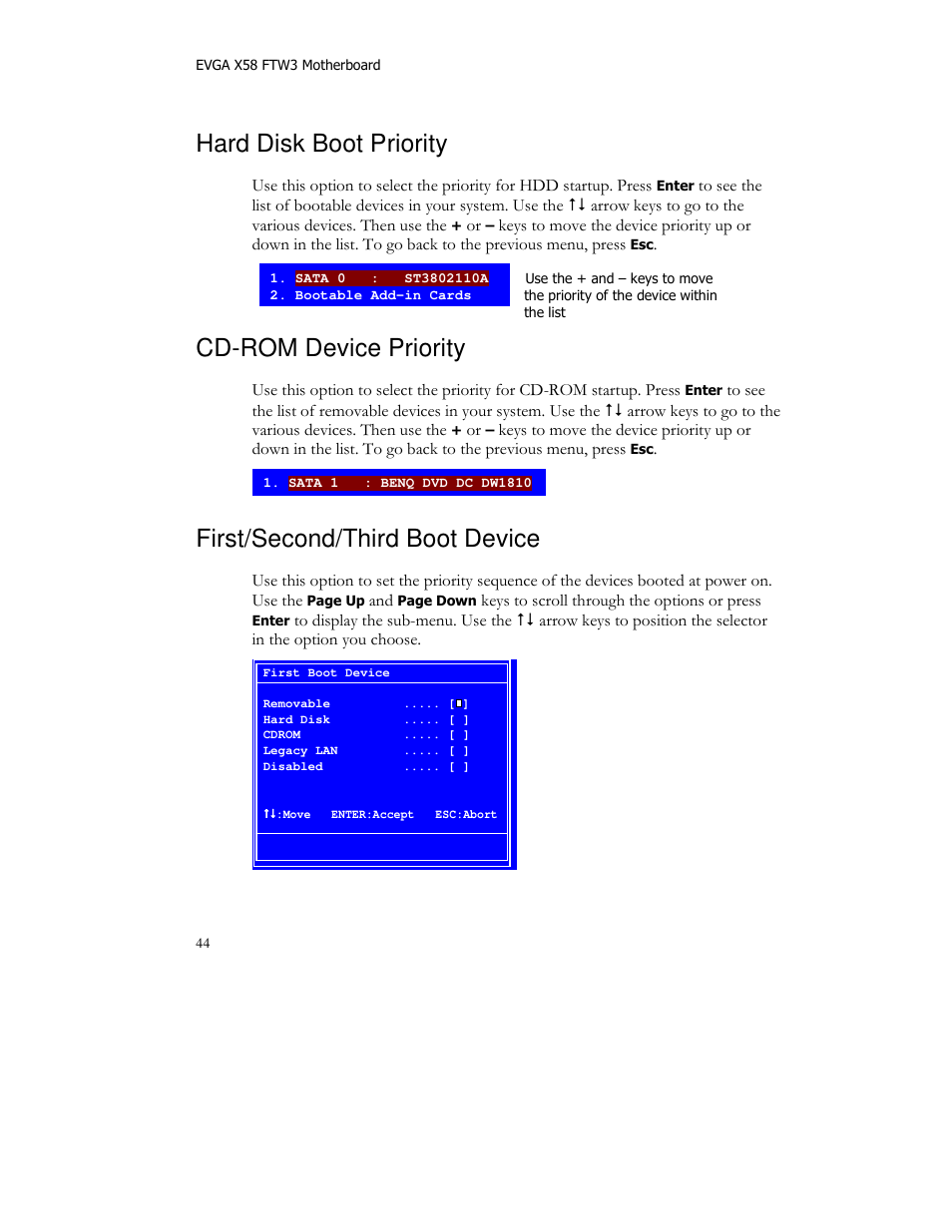 Hard disk boot priority, Cd-rom device priority, First/second/third boot device | EVGA X58 FTW User Manual | Page 44 / 77