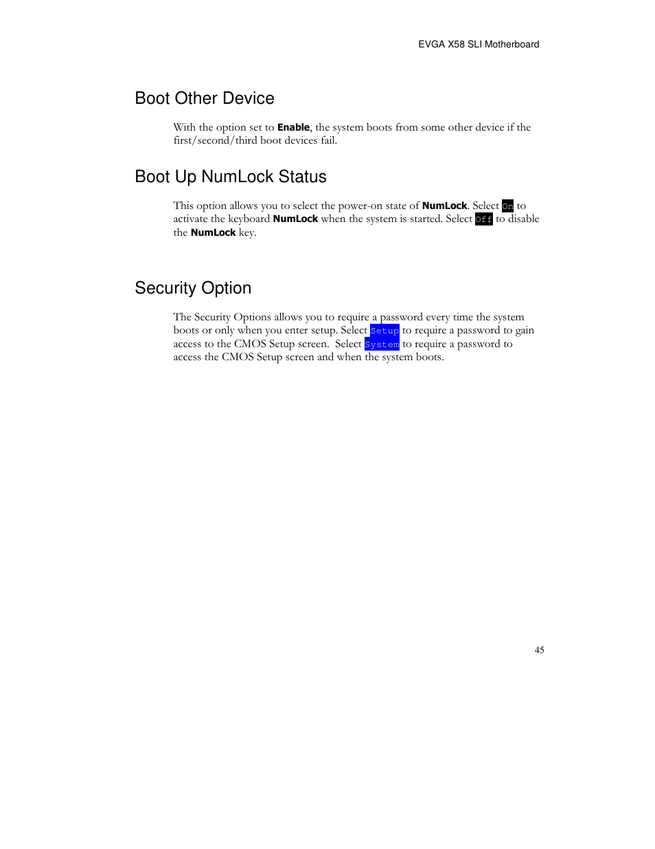 Boot other device, Boot up numlock status, Security option | EVGA X58 FTW User Manual | Page 45 / 77