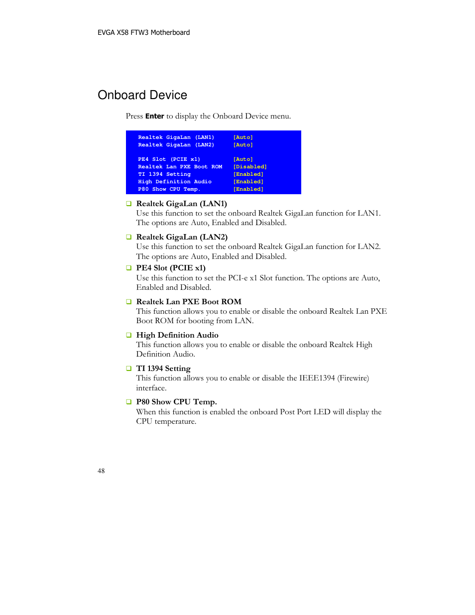 Onboard device | EVGA X58 FTW User Manual | Page 48 / 77