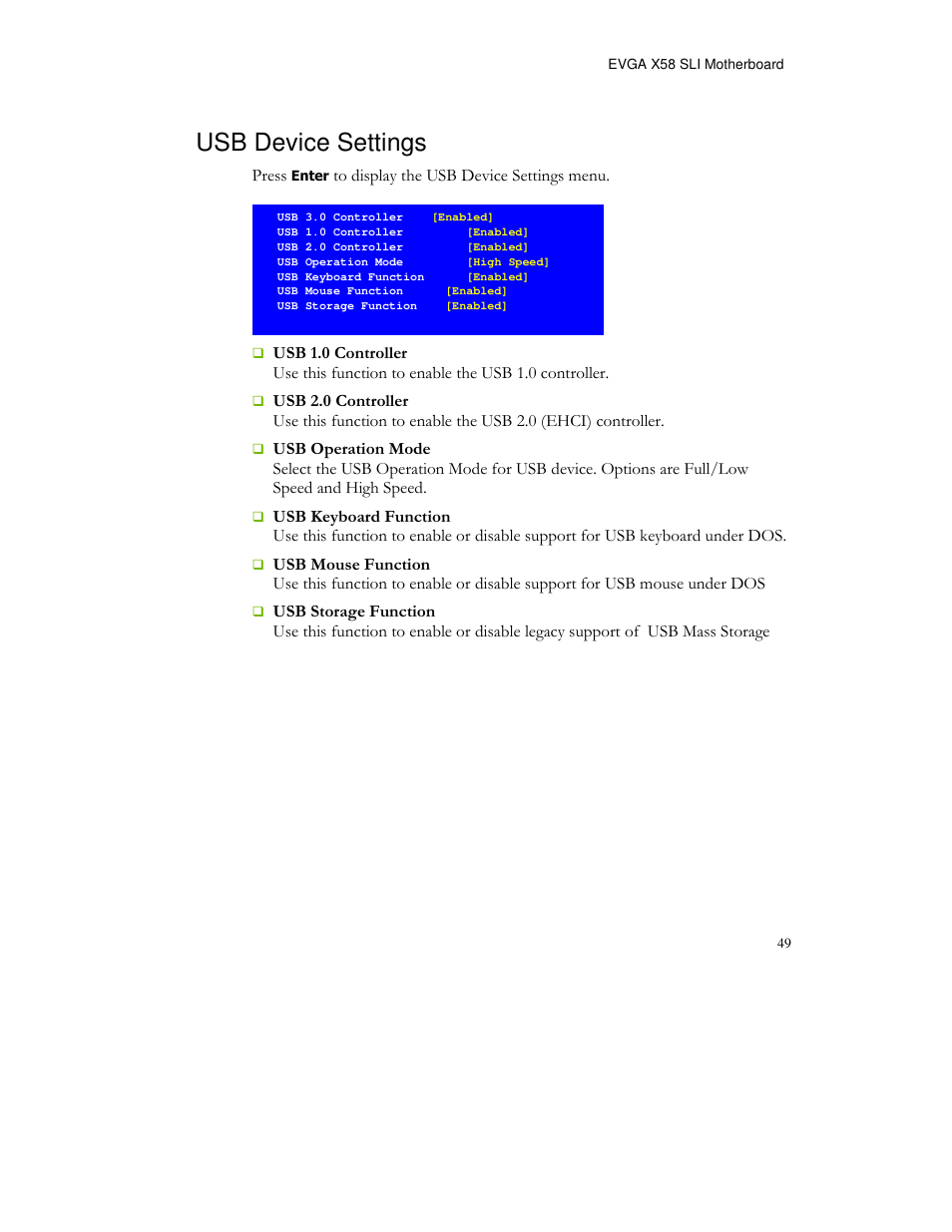 Usb device settings | EVGA X58 FTW User Manual | Page 49 / 77