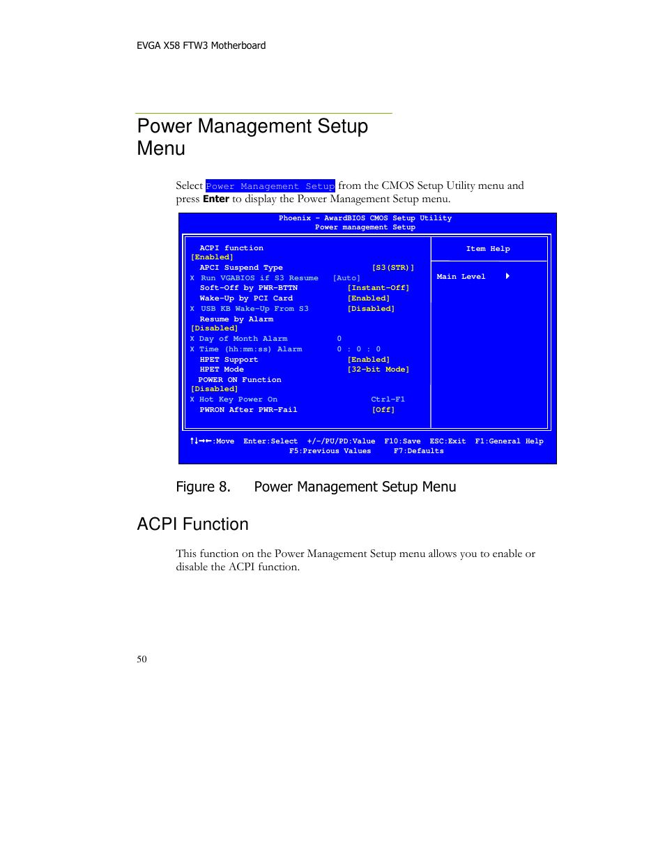 Power management setup menu, Acpi function, Figure 8. power management setup menu | Select | EVGA X58 FTW User Manual | Page 50 / 77