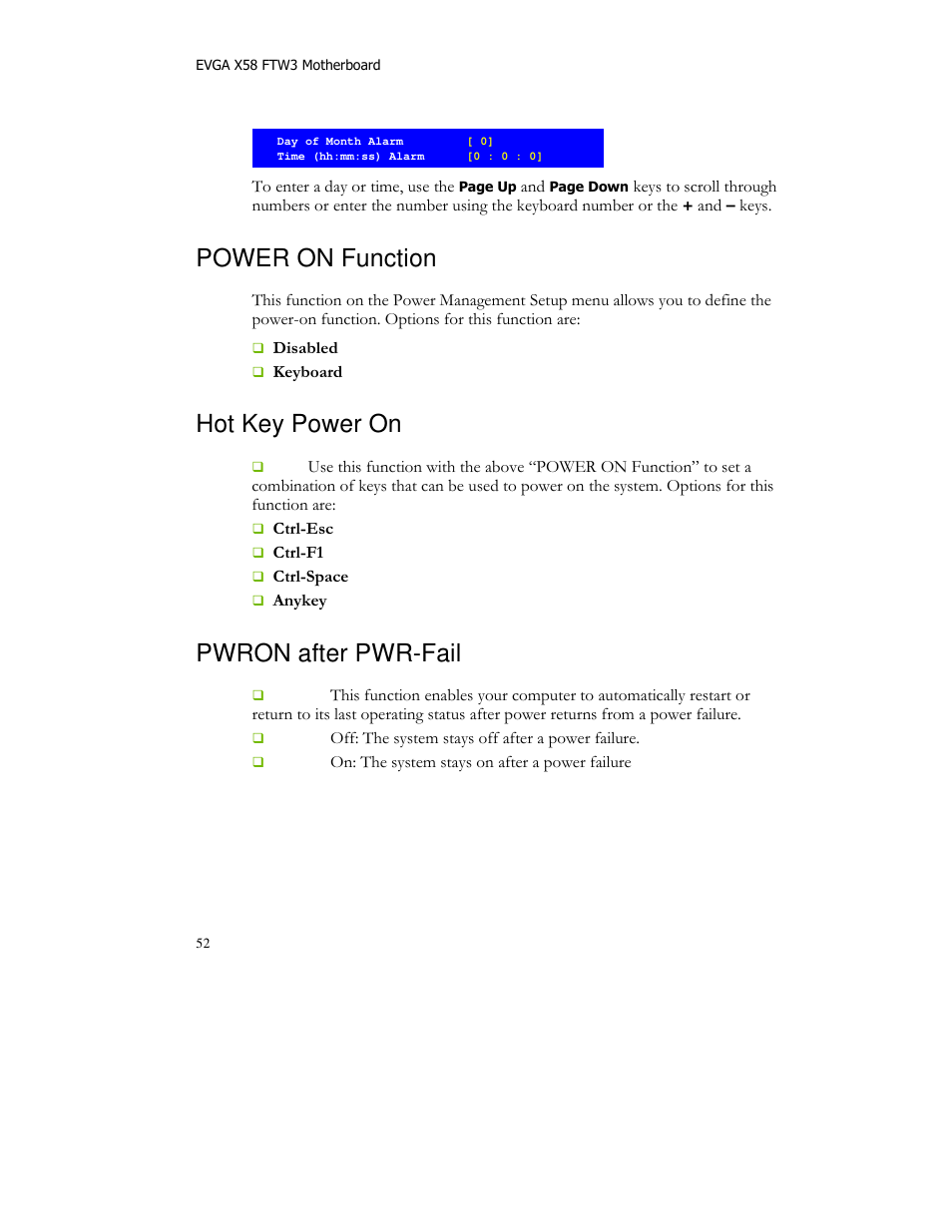 Power on function, Hot key power on, Pwron after pwr-fail | EVGA X58 FTW User Manual | Page 52 / 77
