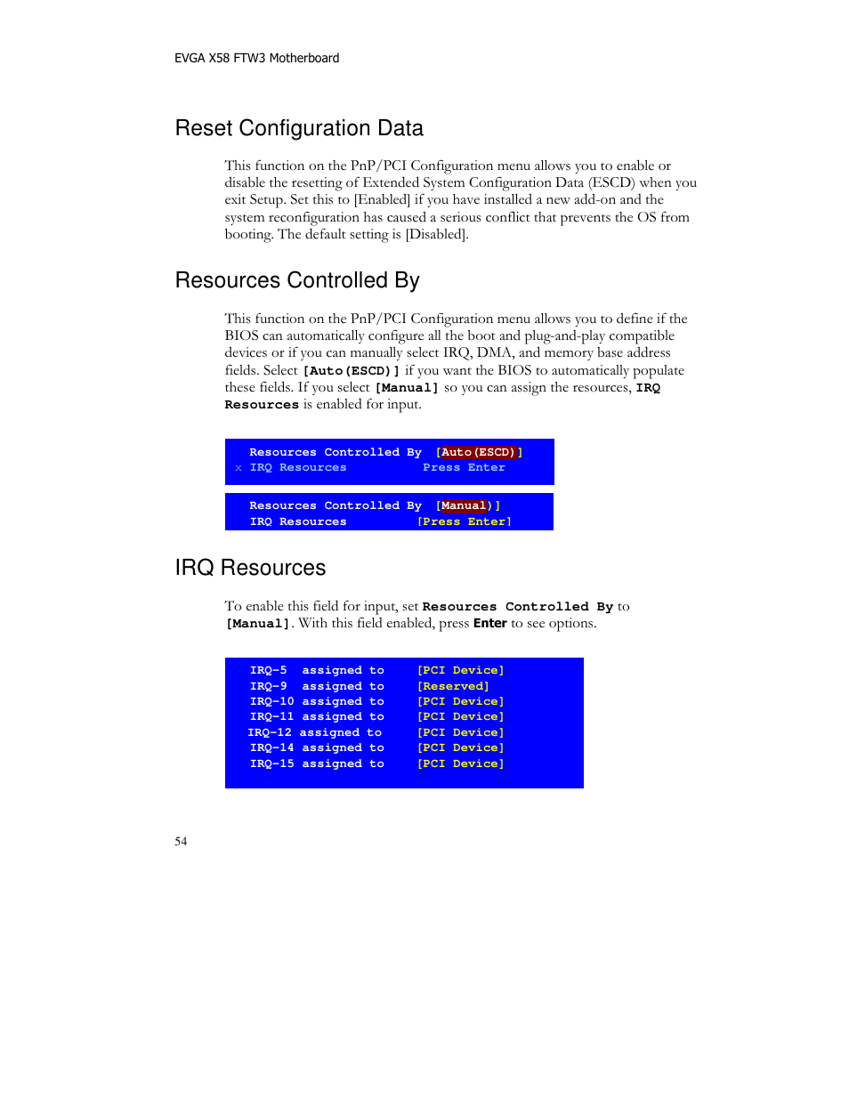 Reset configuration data, Resources controlled by, Irq resources | EVGA X58 FTW User Manual | Page 54 / 77