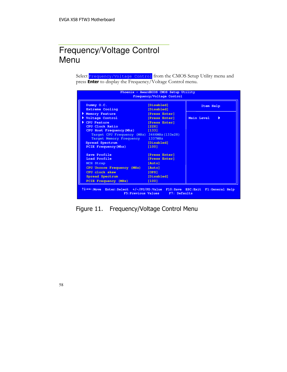 Frequency/voltage control menu, Figure 11. frequency/voltage control menu, Select | EVGA X58 FTW User Manual | Page 58 / 77