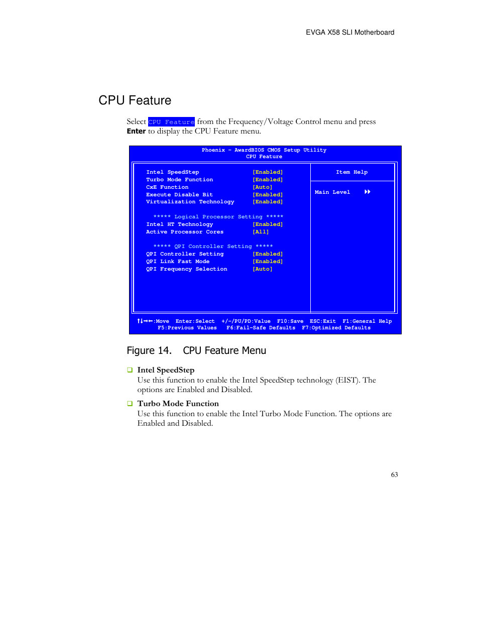 Cpu feature, Figure 14. cpu feature menu, Select | EVGA X58 FTW User Manual | Page 63 / 77