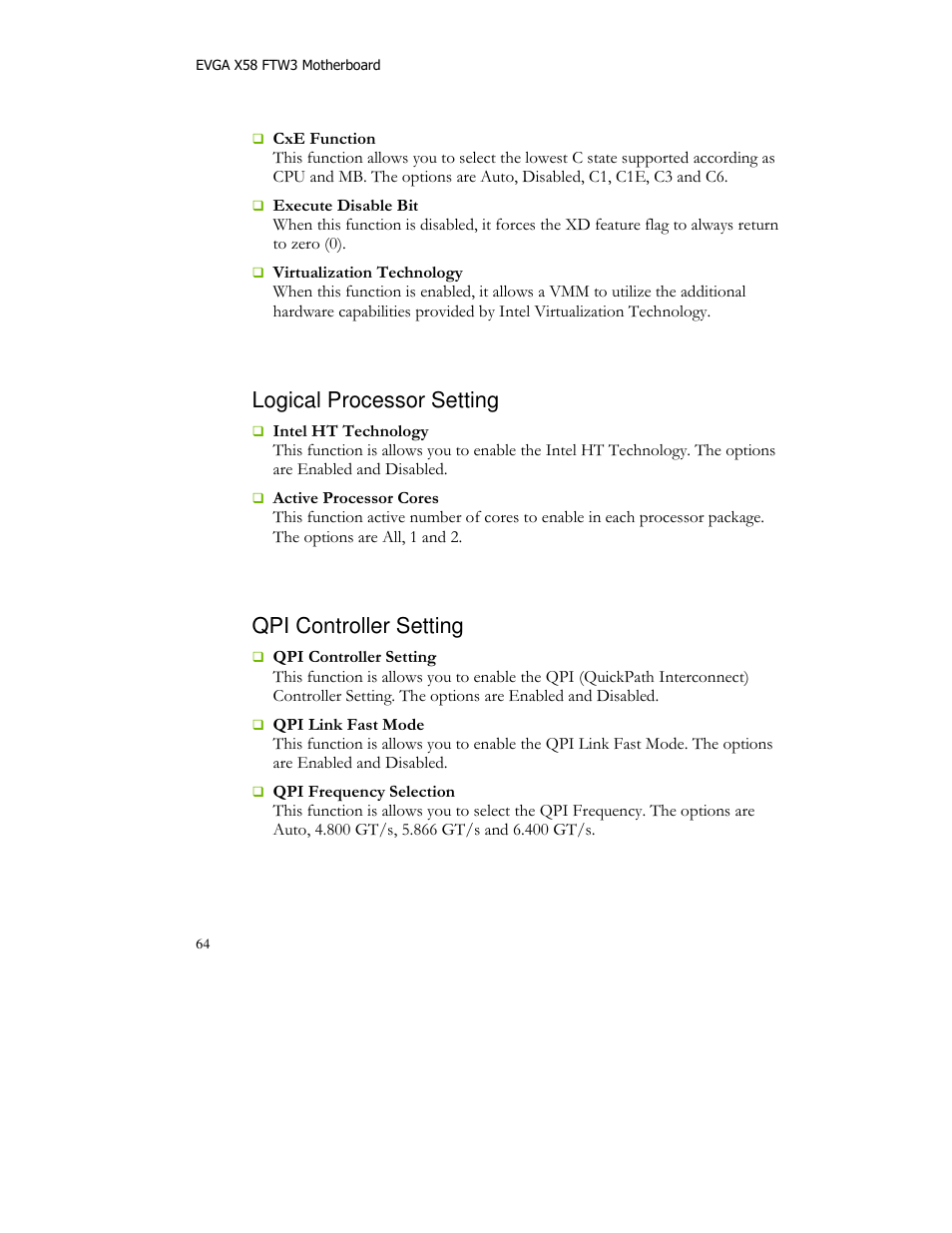 Logical processor setting, Qpi controller setting | EVGA X58 FTW User Manual | Page 64 / 77