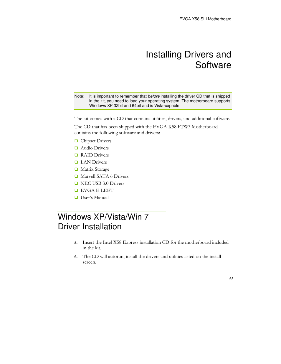 Installing drivers and software, Windows xp/vista/win 7 driver installation | EVGA X58 FTW User Manual | Page 65 / 77