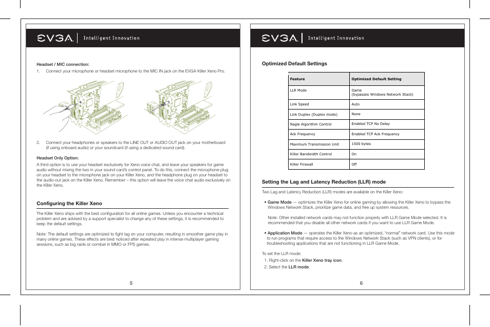 6optimized default settings, Setting the lag and latency reduction (llr) mode, 5configuring the killer xeno | EVGA Killer Xeno Pro 128-P2-KN01 User Manual | Page 4 / 10