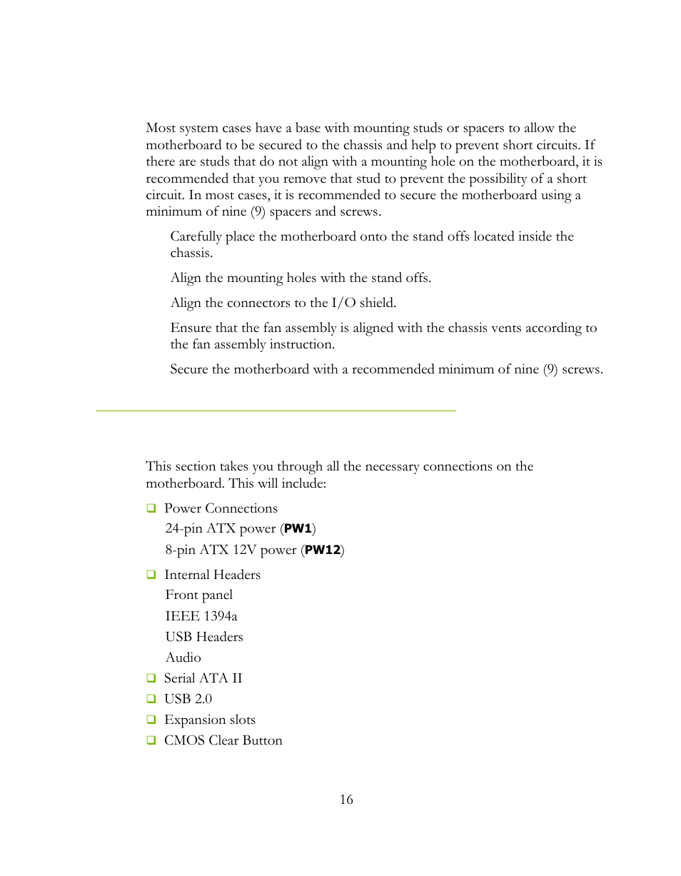 Securing the motherboard into a system case, Connecting cables | EVGA 141-LF-E658 User Manual | Page 16 / 54