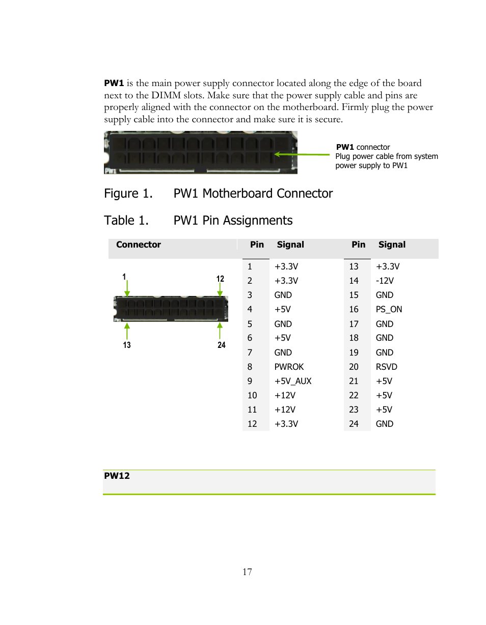 Pin atx power (pw1), Pin atx 12v power (pw12), Figure 1 | Pw1 motherboard connector, Pin atx power, Pin atx 12v power, Pw1), Pw12 | EVGA 141-LF-E658 User Manual | Page 17 / 54