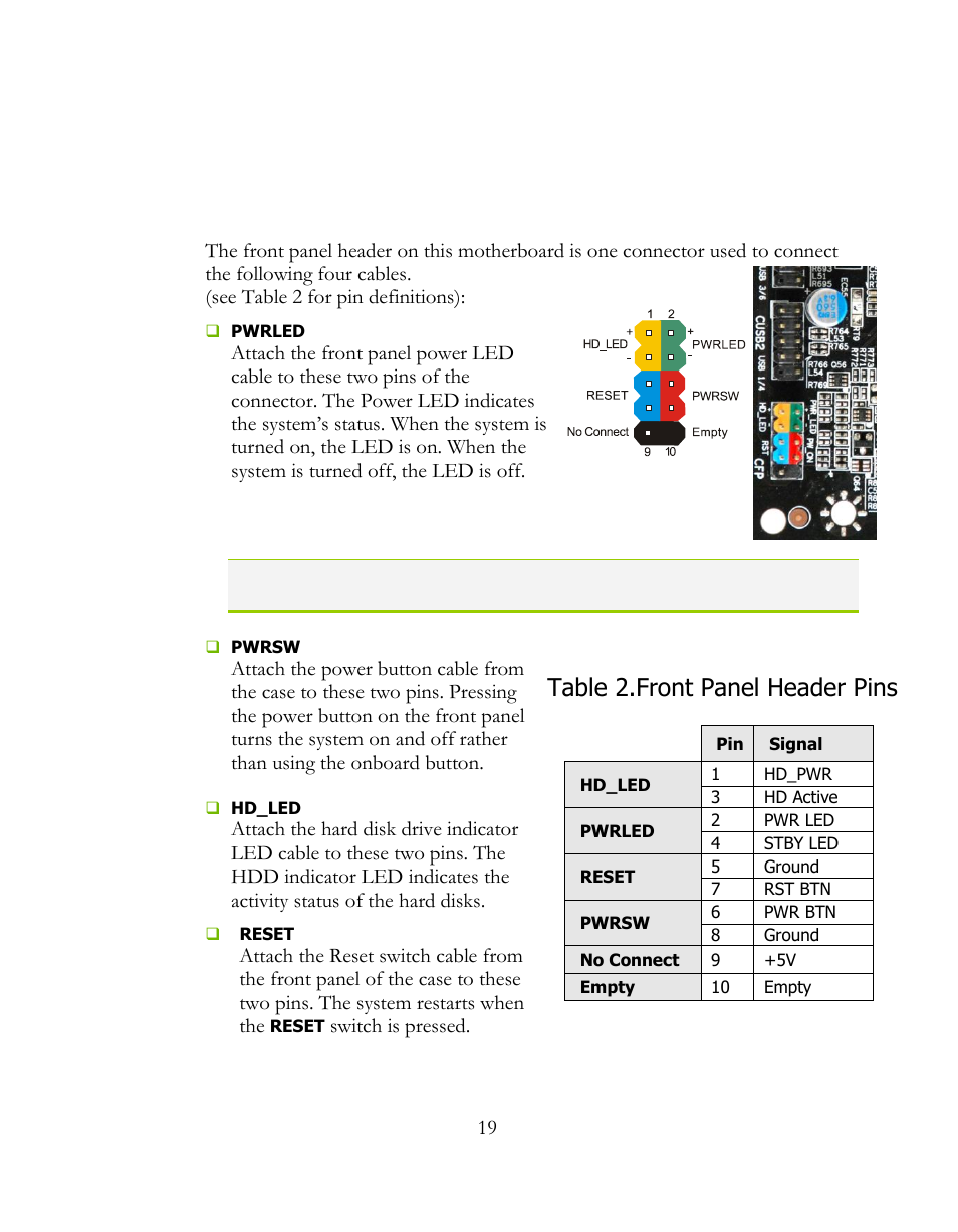 Connecting internal headers, Front panel header, Table 2.front panel header pins | EVGA 141-LF-E658 User Manual | Page 19 / 54