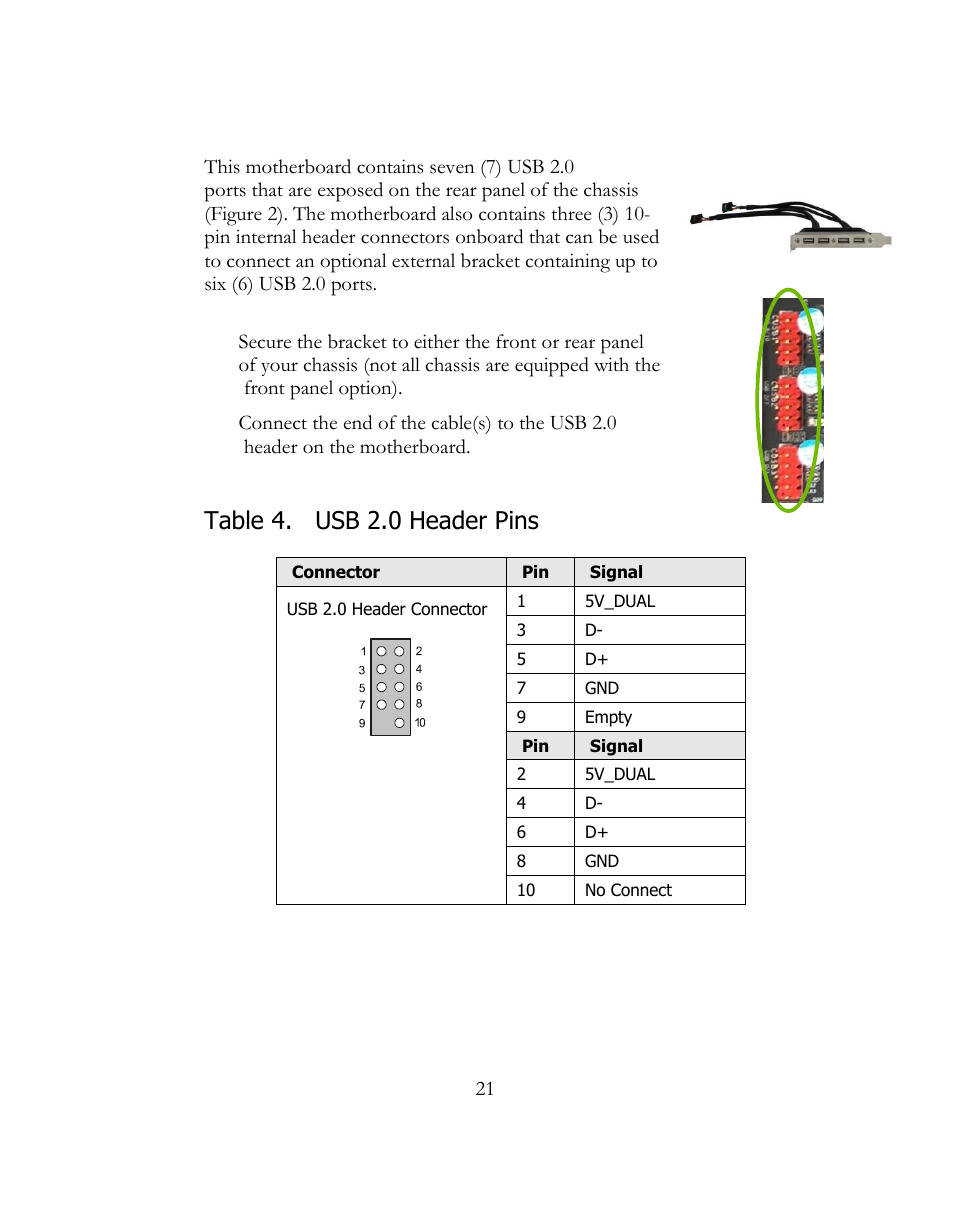 Usb headers, Table 4. usb 2.0 header pins | EVGA 141-LF-E658 User Manual | Page 21 / 54