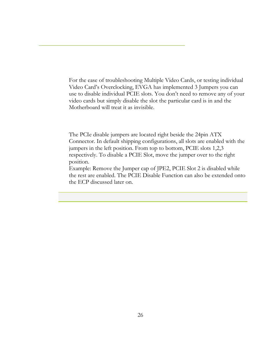Jumper settings, Pcie disable jumper, Jumper settings pcie disable jumper | EVGA 141-LF-E658 User Manual | Page 26 / 54