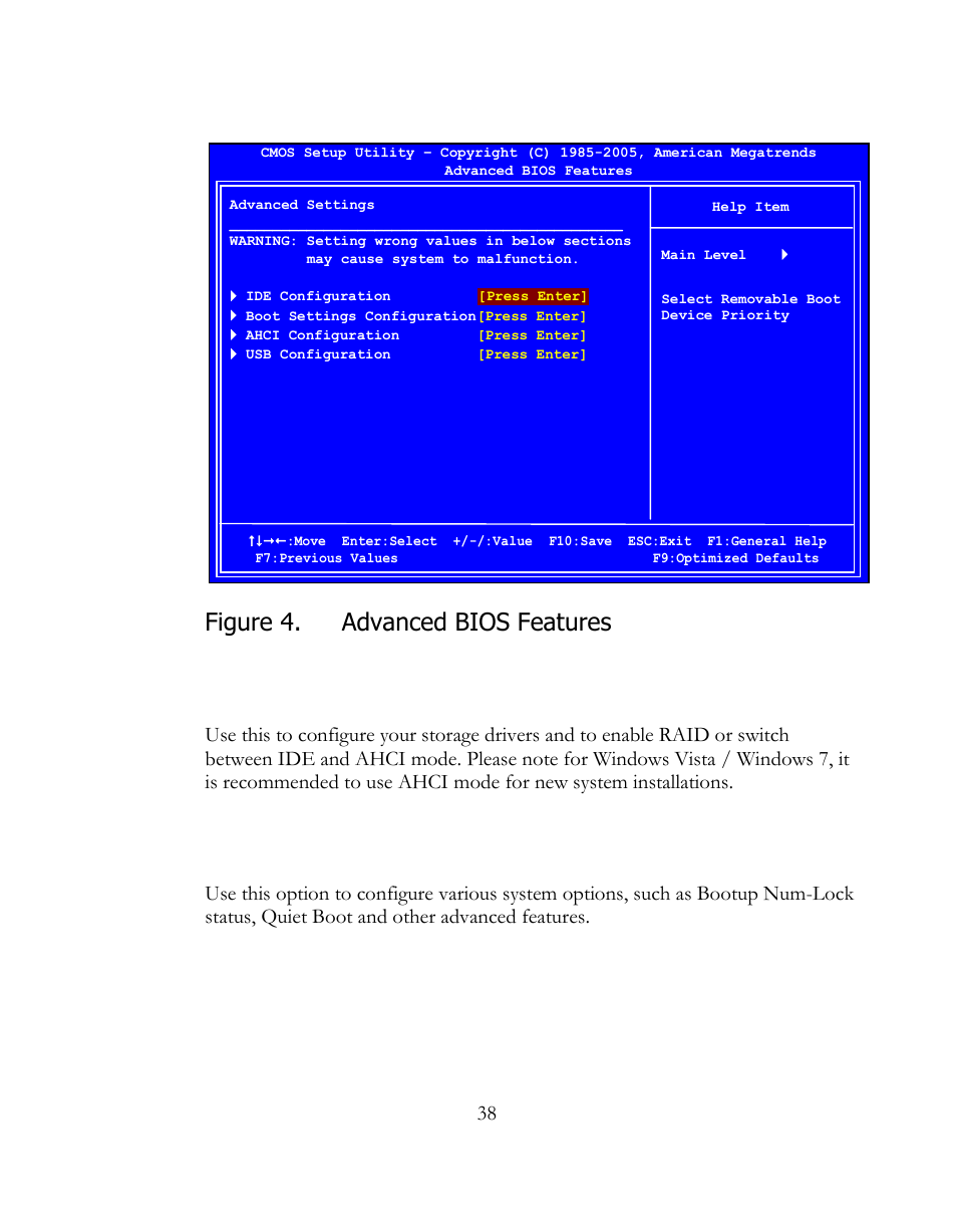 Ide configuration, Boot settings configuration, Figure 4 | Advanced bios features, Figure 4. advanced bios features | EVGA 141-LF-E658 User Manual | Page 38 / 54