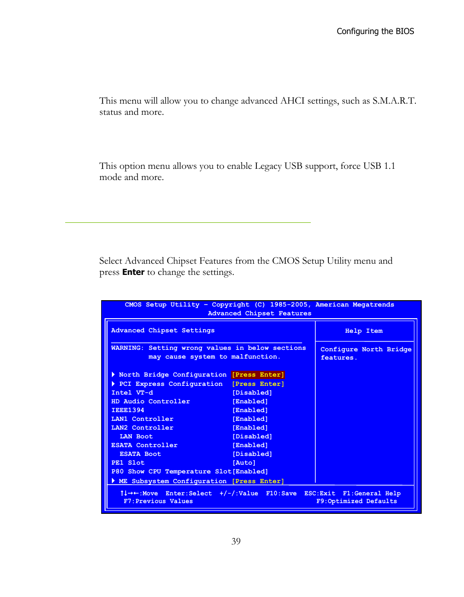 Ahci configuration, Usb configuration, Advanced chipset features | EVGA 141-LF-E658 User Manual | Page 39 / 54