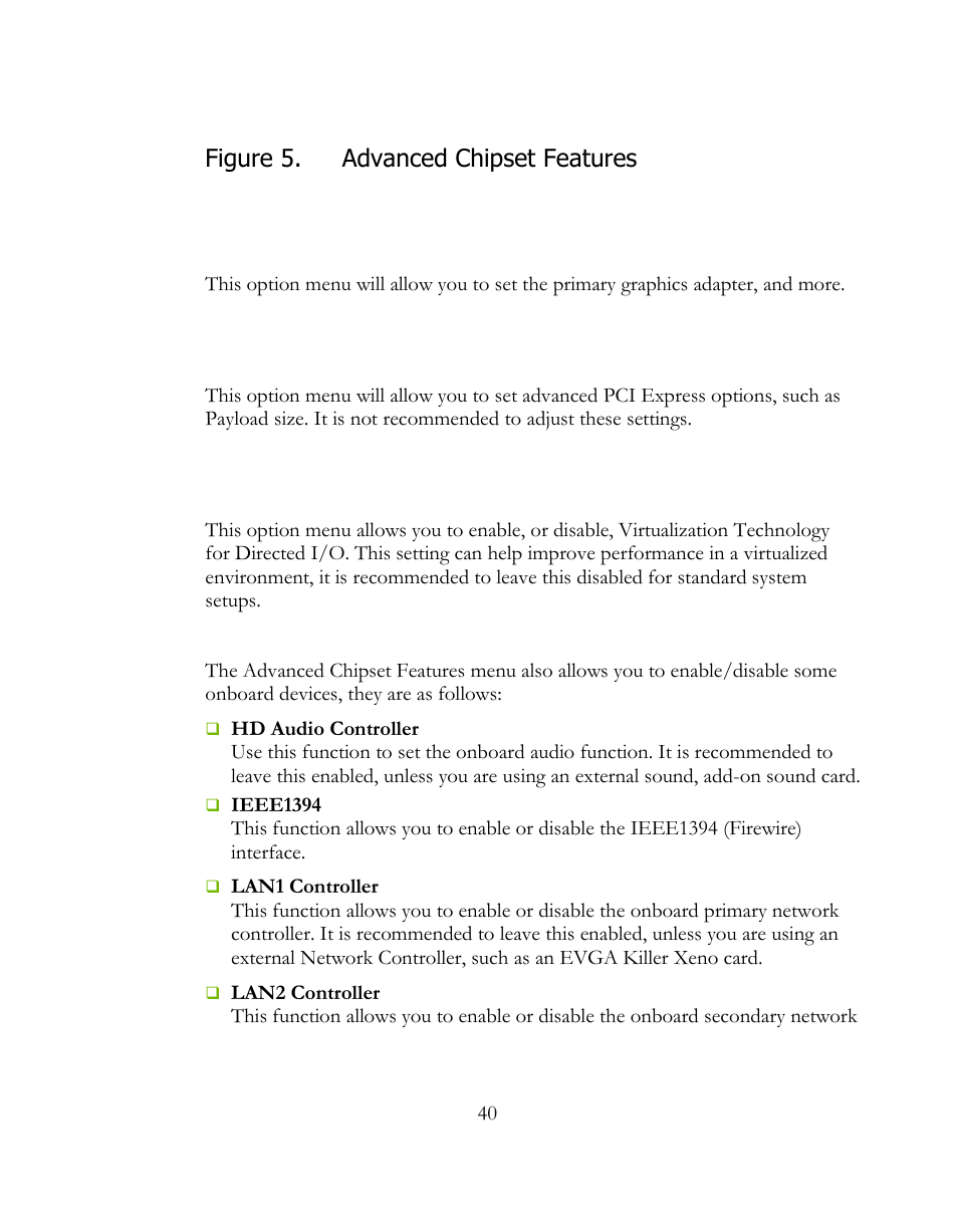 North bridge configuration, Pci express configuration, Intel vt-d configuration | Figure 5, Advanced chipset features | EVGA 141-LF-E658 User Manual | Page 40 / 54