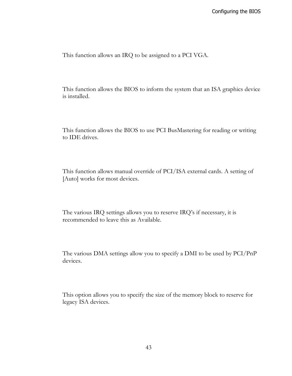 Allocate irq to pci vga, Palette snooping, Pci ide busmaster | Offboard pci/isa ide card, Irq settings, Dma channel, Reserved memory size | EVGA 141-LF-E658 User Manual | Page 43 / 54