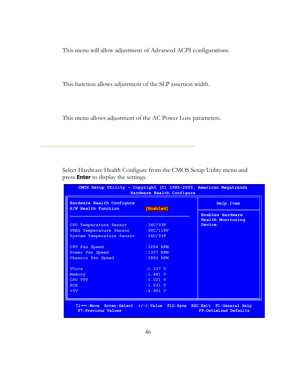 Acpi configuration, Slp_s4# min. assertion width, Restore on ac power loss | Hardware health configure | EVGA 141-LF-E658 User Manual | Page 46 / 54