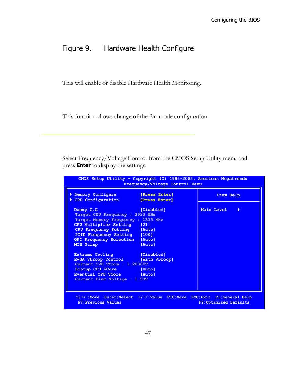 H/w health function, Cpu fan mode setting, Frequency/voltage control menu | Figure 9, Hardware health configure, Figure 9. hardware health configure | EVGA 141-LF-E658 User Manual | Page 47 / 54