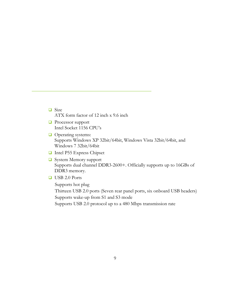 Evga p55 ftw 200 motherboard, Motherboard specifications | EVGA 141-LF-E658 User Manual | Page 9 / 54
