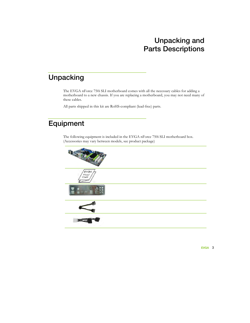 Unpacking and parts descriptions unpacking, Equipment | EVGA nForce 122-YW-E173 User Manual | Page 11 / 77