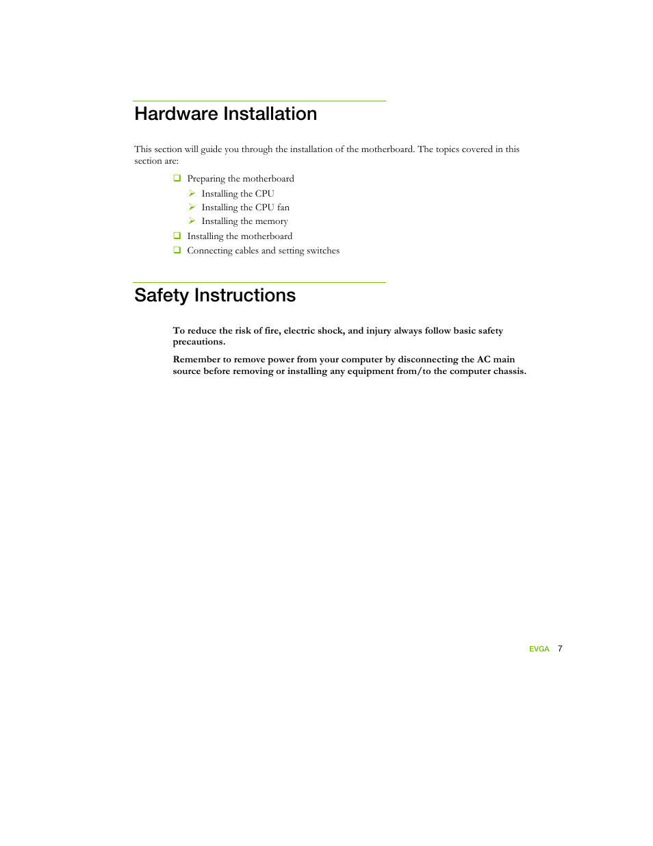 Hardware installation, Safety instructions | EVGA nForce 122-YW-E173 User Manual | Page 15 / 77