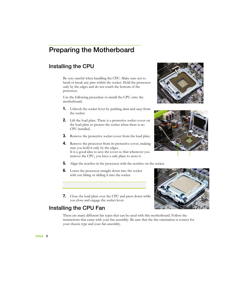 Preparing the motherboard, Installing the cpu, Installing the cpu fan | EVGA nForce 122-YW-E173 User Manual | Page 16 / 77