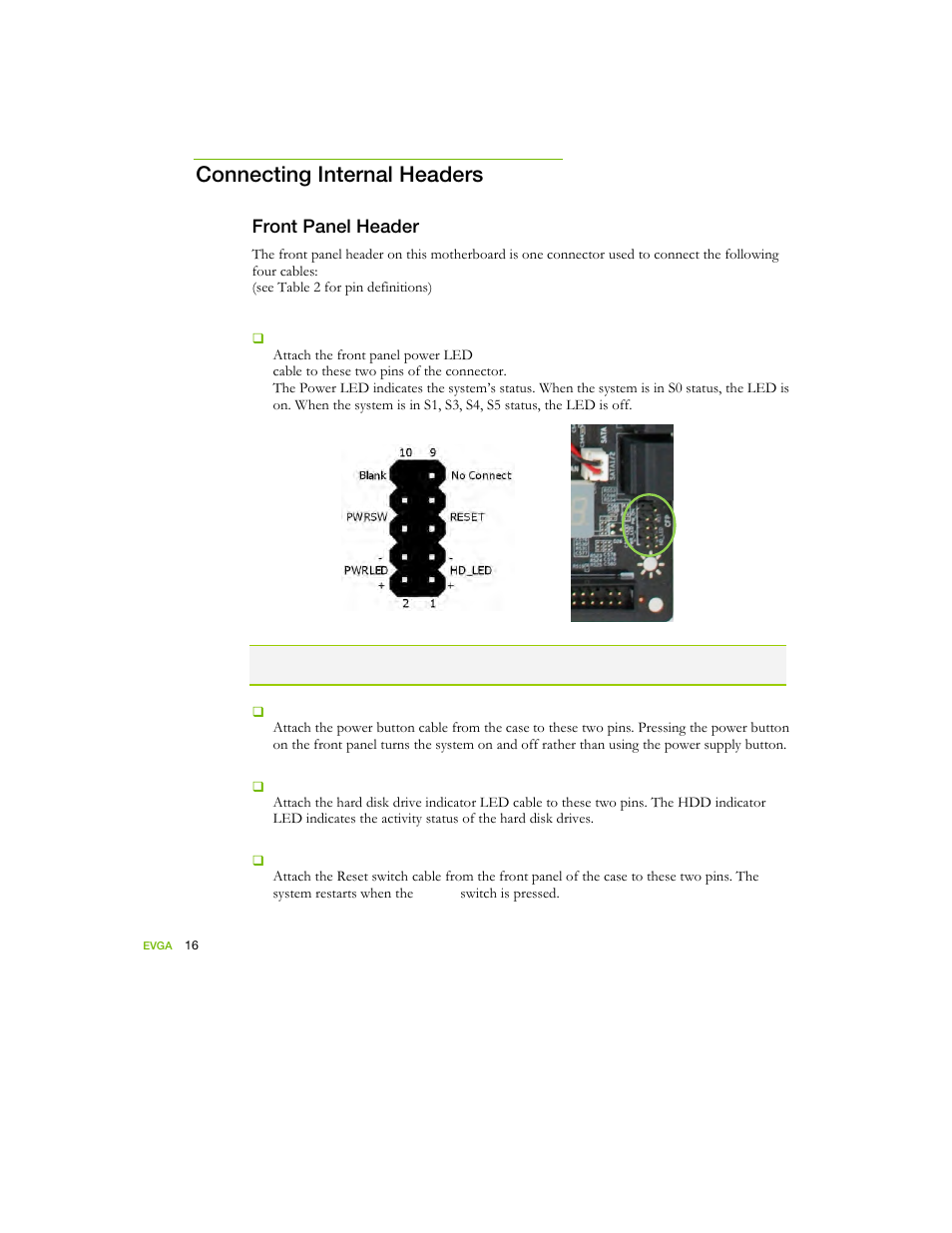 Connecting internal headers, Front panel header | EVGA nForce 122-YW-E173 User Manual | Page 24 / 77