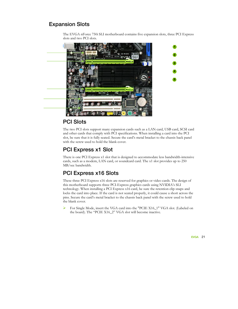 Expansion slots, Pci slots, Pci express x1 slot | Pci express x16 slots | EVGA nForce 122-YW-E173 User Manual | Page 29 / 77