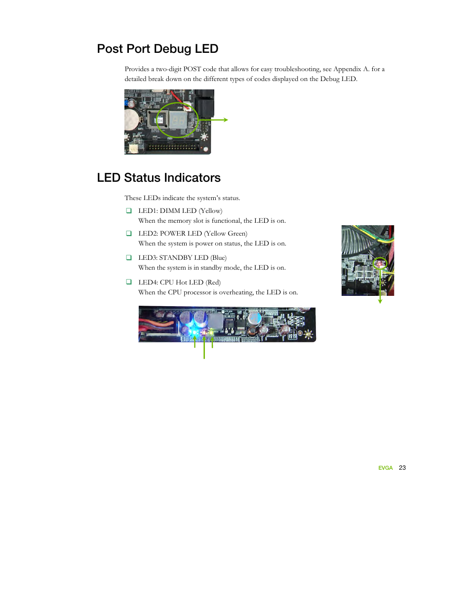 Post port debug led, Led status indicators | EVGA nForce 122-YW-E173 User Manual | Page 31 / 77