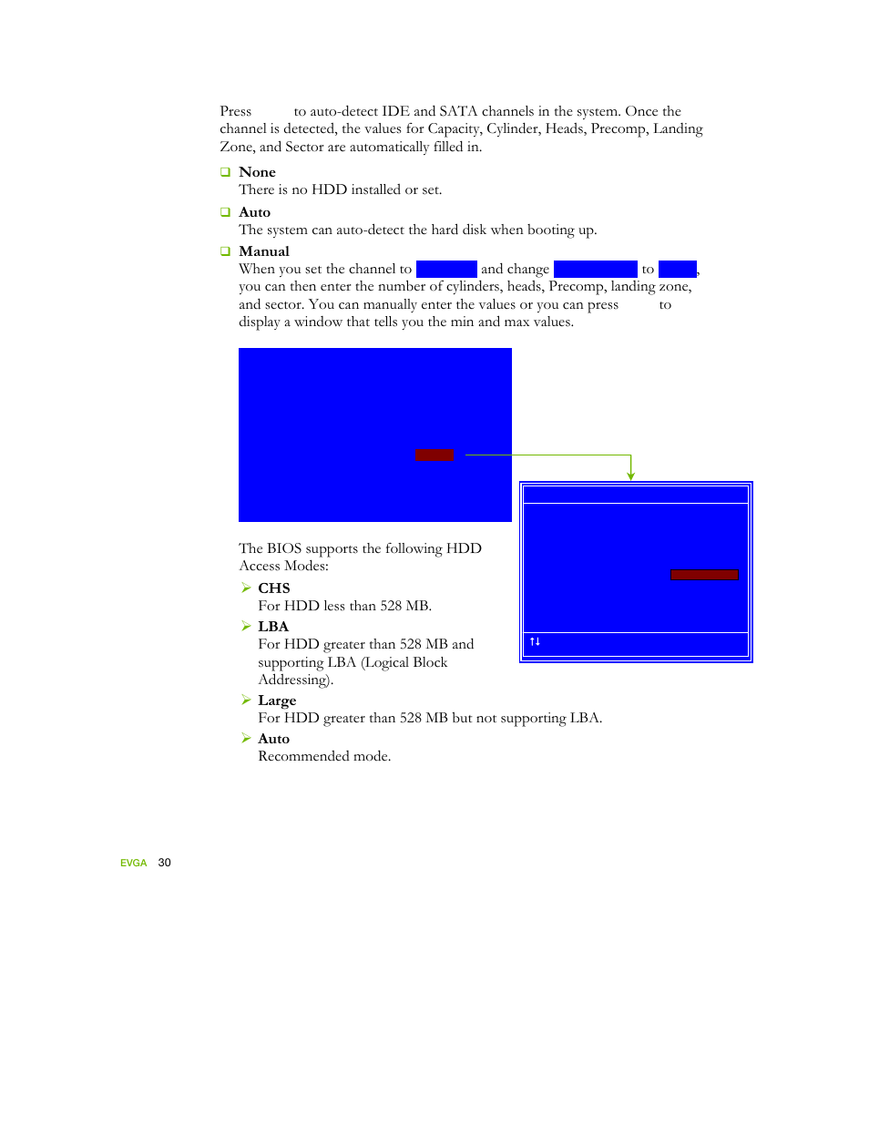 Press, None, There is no hdd installed or set | Auto, Manual, When you set the channel to, And change | EVGA nForce 122-YW-E173 User Manual | Page 38 / 77